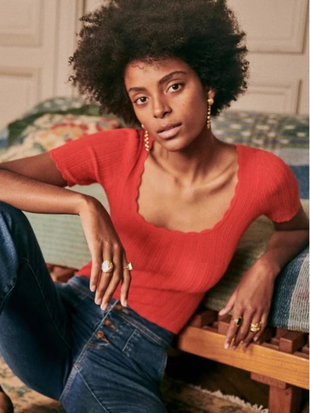 Sézane Ribbed Scoop Neck Top in Vibrant Red